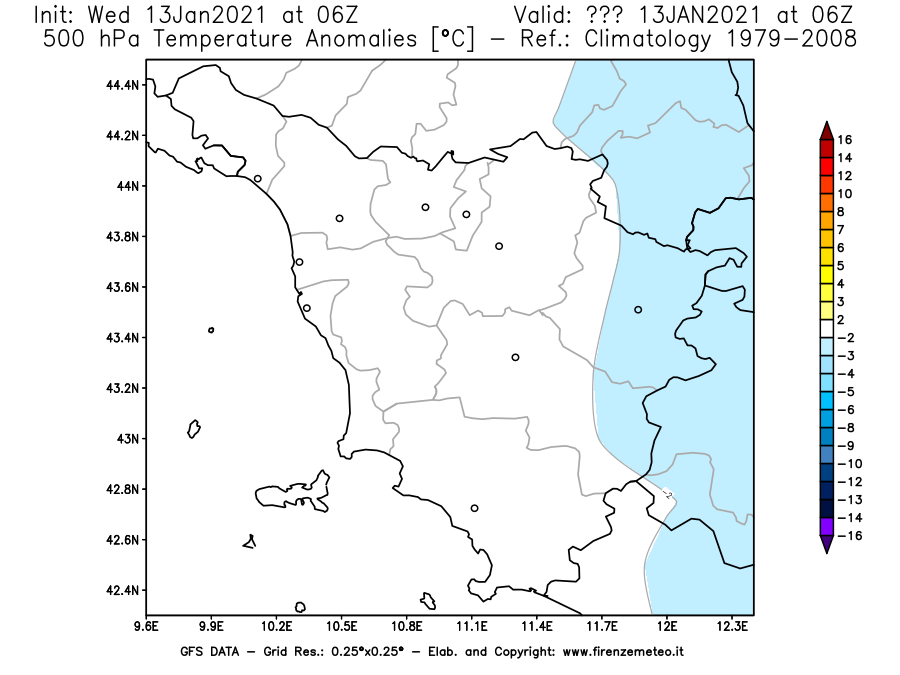 Mappa di analisi GFS - Anomalia Temperatura [°C] a 500 hPa in Toscana
							del 13/01/2021 06 <!--googleoff: index-->UTC<!--googleon: index-->
