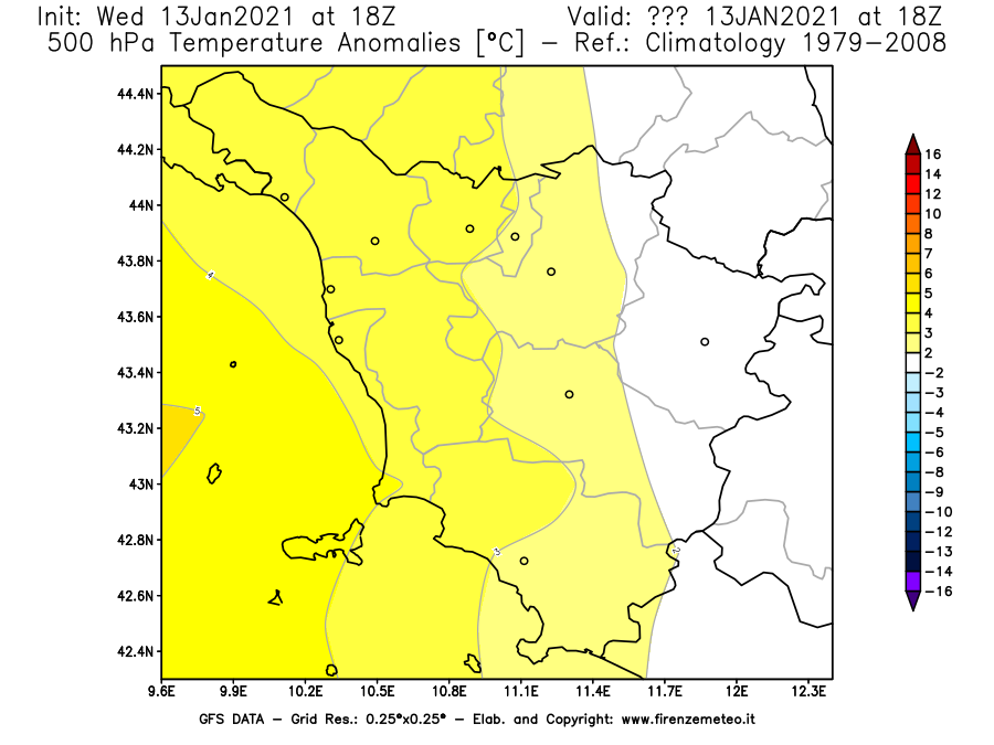 Mappa di analisi GFS - Anomalia Temperatura [°C] a 500 hPa in Toscana
							del 13/01/2021 18 <!--googleoff: index-->UTC<!--googleon: index-->