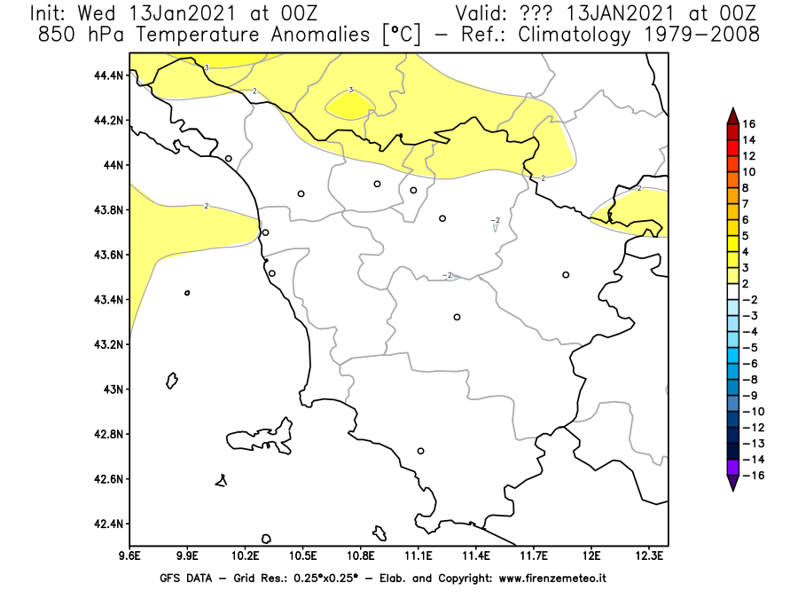 Mappa di analisi GFS - Anomalia Temperatura [°C] a 850 hPa in Toscana
							del 13/01/2021 00 <!--googleoff: index-->UTC<!--googleon: index-->