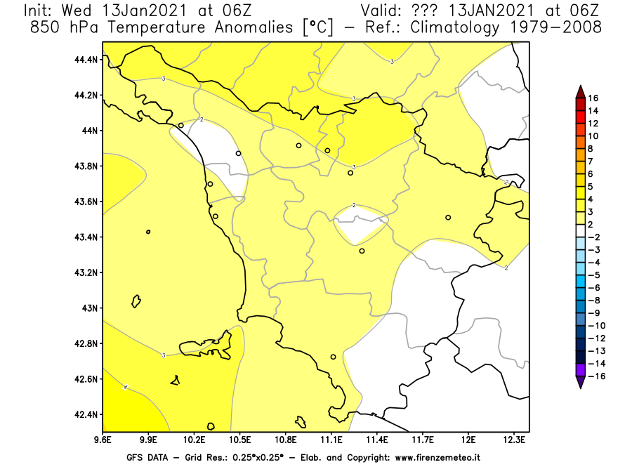 Mappa di analisi GFS - Anomalia Temperatura [°C] a 850 hPa in Toscana
							del 13/01/2021 06 <!--googleoff: index-->UTC<!--googleon: index-->