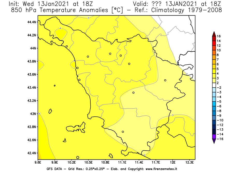 Mappa di analisi GFS - Anomalia Temperatura [°C] a 850 hPa in Toscana
							del 13/01/2021 18 <!--googleoff: index-->UTC<!--googleon: index-->