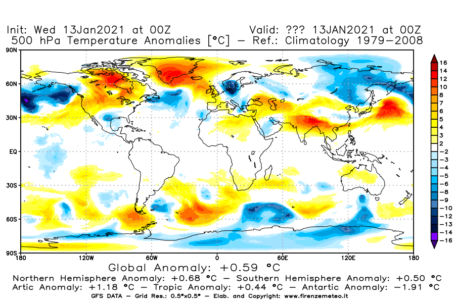 Mappa di analisi GFS - Anomalia Temperatura [°C] a 500 hPa in World
							del 13/01/2021 00 <!--googleoff: index-->UTC<!--googleon: index-->