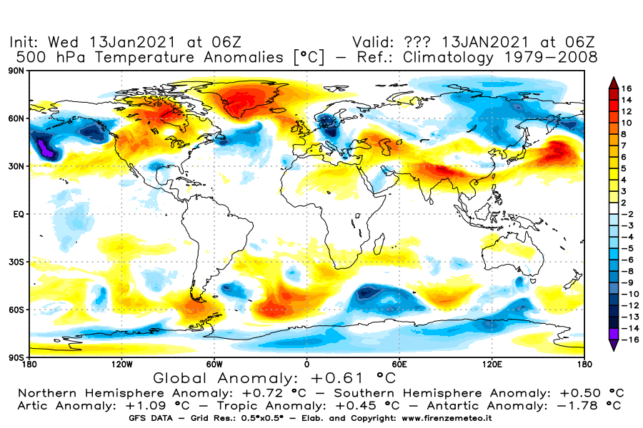 Mappa di analisi GFS - Anomalia Temperatura [°C] a 500 hPa in World
							del 13/01/2021 06 <!--googleoff: index-->UTC<!--googleon: index-->