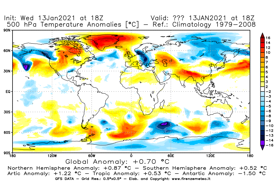 Mappa di analisi GFS - Anomalia Temperatura [°C] a 500 hPa in World
							del 13/01/2021 18 <!--googleoff: index-->UTC<!--googleon: index-->