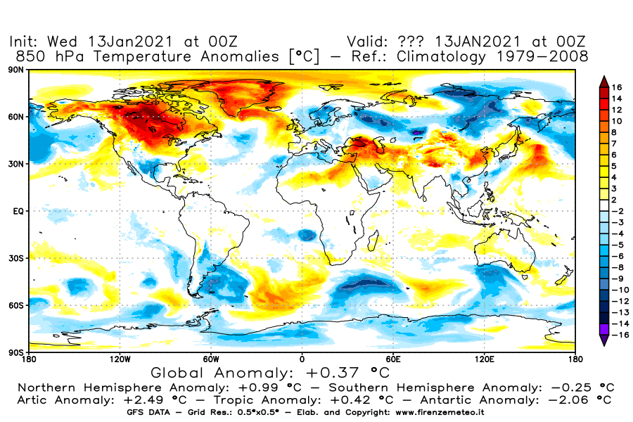 Mappa di analisi GFS - Anomalia Temperatura [°C] a 850 hPa in World
							del 13/01/2021 00 <!--googleoff: index-->UTC<!--googleon: index-->