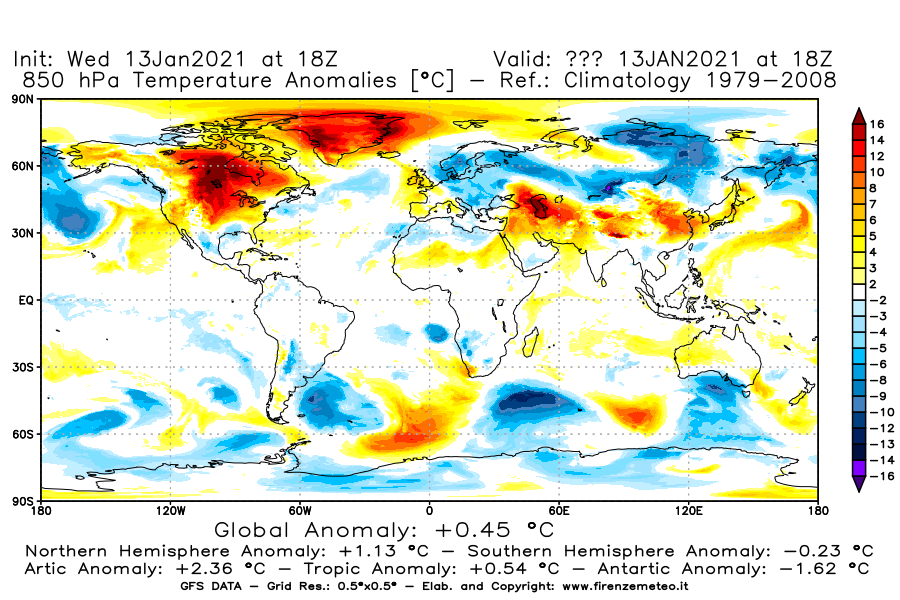 Mappa di analisi GFS - Anomalia Temperatura [°C] a 850 hPa in World
							del 13/01/2021 18 <!--googleoff: index-->UTC<!--googleon: index-->