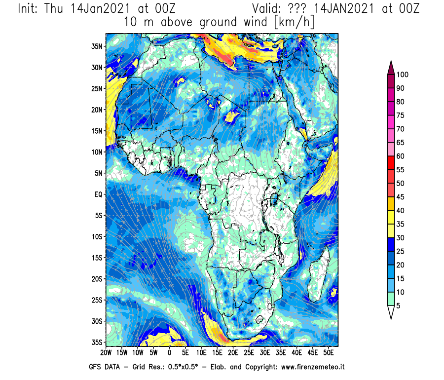 Mappa di analisi GFS - Velocità del vento a 10 metri dal suolo [km/h] in Africa
									del 14/01/2021 00 <!--googleoff: index-->UTC<!--googleon: index-->