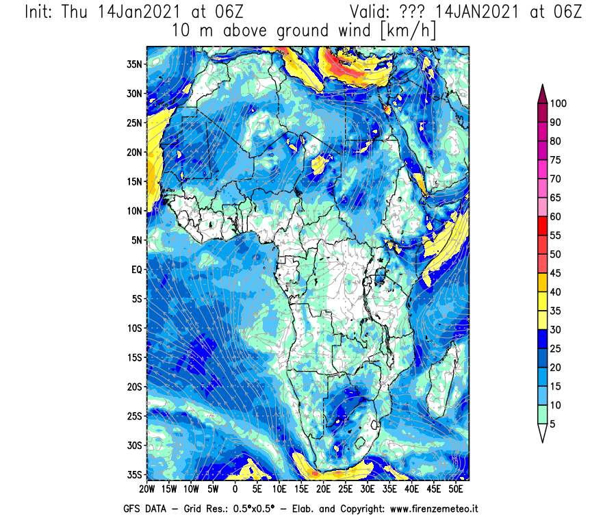 Mappa di analisi GFS - Velocità del vento a 10 metri dal suolo [km/h] in Africa
							del 14/01/2021 06 <!--googleoff: index-->UTC<!--googleon: index-->