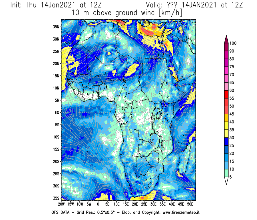Mappa di analisi GFS - Velocità del vento a 10 metri dal suolo [km/h] in Africa
									del 14/01/2021 12 <!--googleoff: index-->UTC<!--googleon: index-->