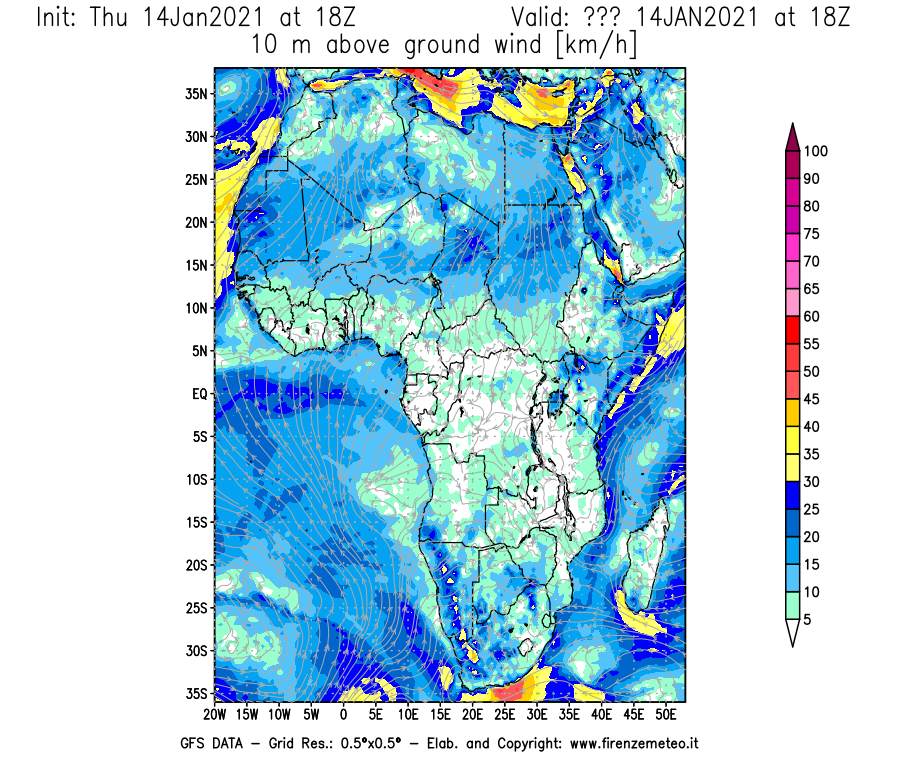 Mappa di analisi GFS - Velocità del vento a 10 metri dal suolo [km/h] in Africa
							del 14/01/2021 18 <!--googleoff: index-->UTC<!--googleon: index-->