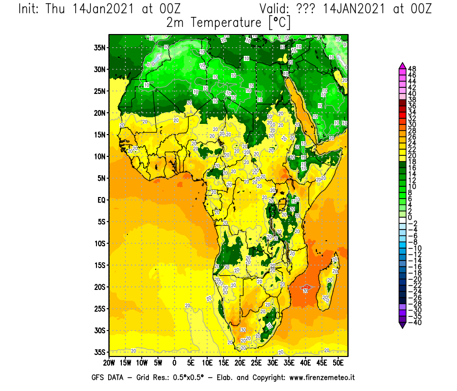 Mappa di analisi GFS - Temperatura a 2 metri dal suolo [°C] in Africa
							del 14/01/2021 00 <!--googleoff: index-->UTC<!--googleon: index-->