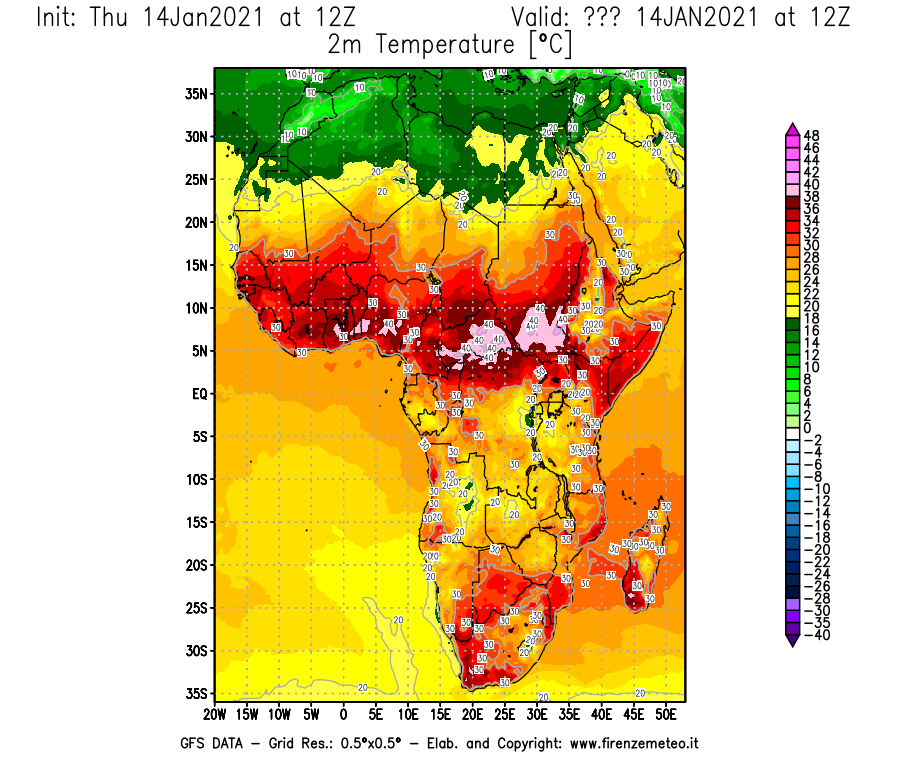Mappa di analisi GFS - Temperatura a 2 metri dal suolo [°C] in Africa
									del 14/01/2021 12 <!--googleoff: index-->UTC<!--googleon: index-->