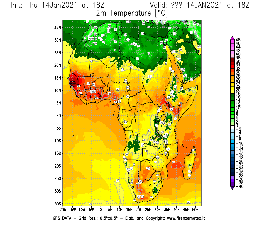 Mappa di analisi GFS - Temperatura a 2 metri dal suolo [°C] in Africa
							del 14/01/2021 18 <!--googleoff: index-->UTC<!--googleon: index-->