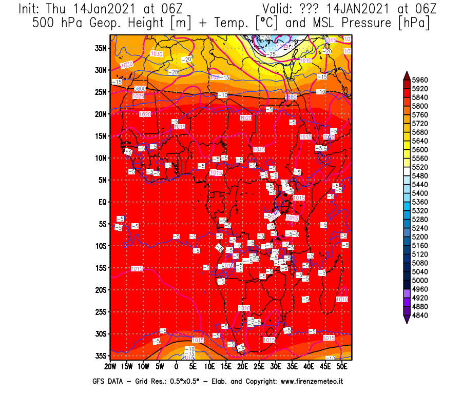 Mappa di analisi GFS - Geopotenziale [m] + Temp. [°C] a 500 hPa + Press. a livello del mare [hPa] in Africa
									del 14/01/2021 06 <!--googleoff: index-->UTC<!--googleon: index-->