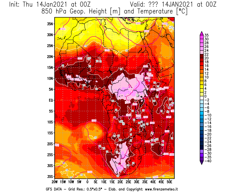 Mappa di analisi GFS - Geopotenziale [m] e Temperatura [°C] a 850 hPa in Africa
							del 14/01/2021 00 <!--googleoff: index-->UTC<!--googleon: index-->