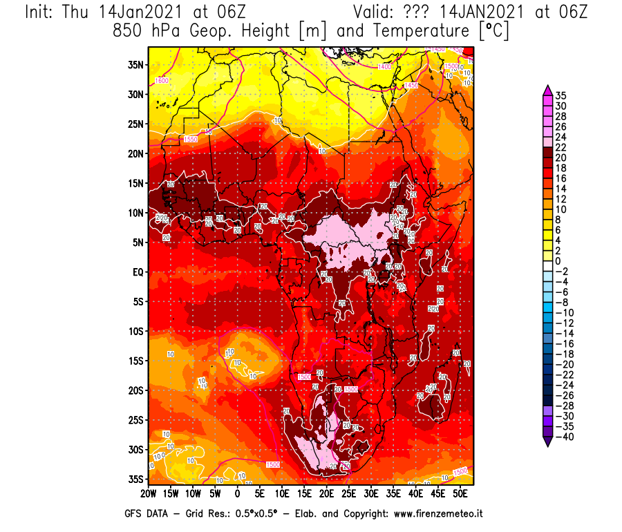 Mappa di analisi GFS - Geopotenziale [m] e Temperatura [°C] a 850 hPa in Africa
							del 14/01/2021 06 <!--googleoff: index-->UTC<!--googleon: index-->
