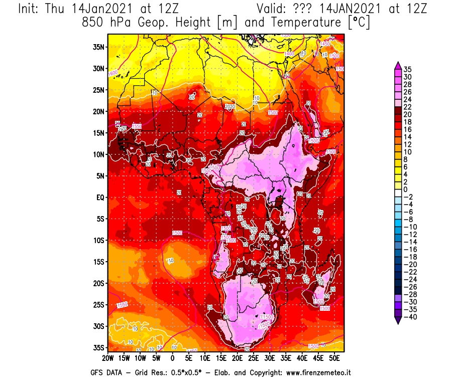 Mappa di analisi GFS - Geopotenziale [m] e Temperatura [°C] a 850 hPa in Africa
									del 14/01/2021 12 <!--googleoff: index-->UTC<!--googleon: index-->