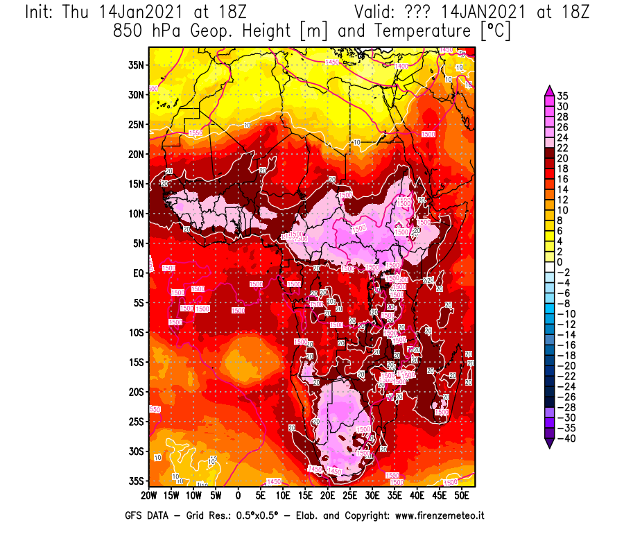 Mappa di analisi GFS - Geopotenziale [m] e Temperatura [°C] a 850 hPa in Africa
							del 14/01/2021 18 <!--googleoff: index-->UTC<!--googleon: index-->