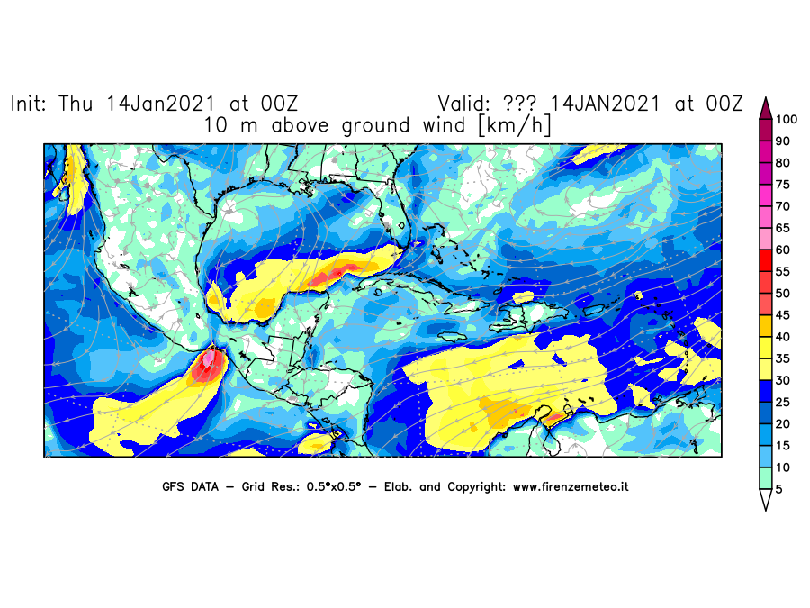 Mappa di analisi GFS - Velocità del vento a 10 metri dal suolo [km/h] in Centro-America
									del 14/01/2021 00 <!--googleoff: index-->UTC<!--googleon: index-->