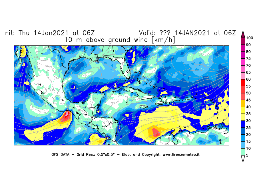 Mappa di analisi GFS - Velocità del vento a 10 metri dal suolo [km/h] in Centro-America
									del 14/01/2021 06 <!--googleoff: index-->UTC<!--googleon: index-->
