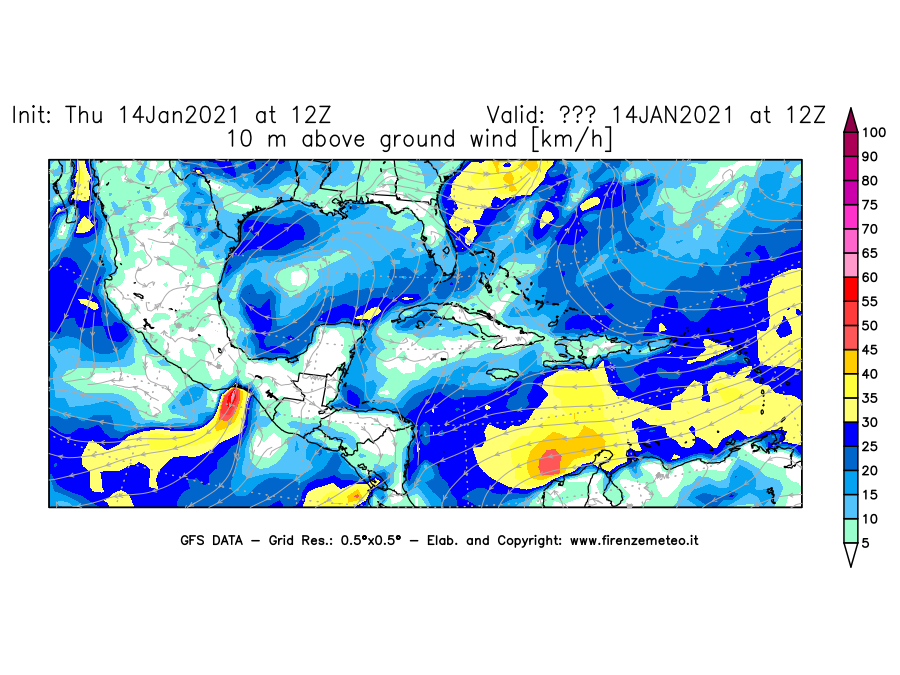 Mappa di analisi GFS - Velocità del vento a 10 metri dal suolo [km/h] in Centro-America
							del 14/01/2021 12 <!--googleoff: index-->UTC<!--googleon: index-->