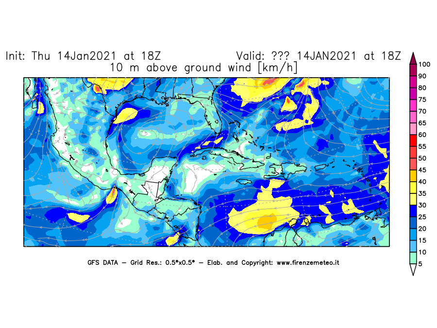 Mappa di analisi GFS - Velocità del vento a 10 metri dal suolo [km/h] in Centro-America
							del 14/01/2021 18 <!--googleoff: index-->UTC<!--googleon: index-->