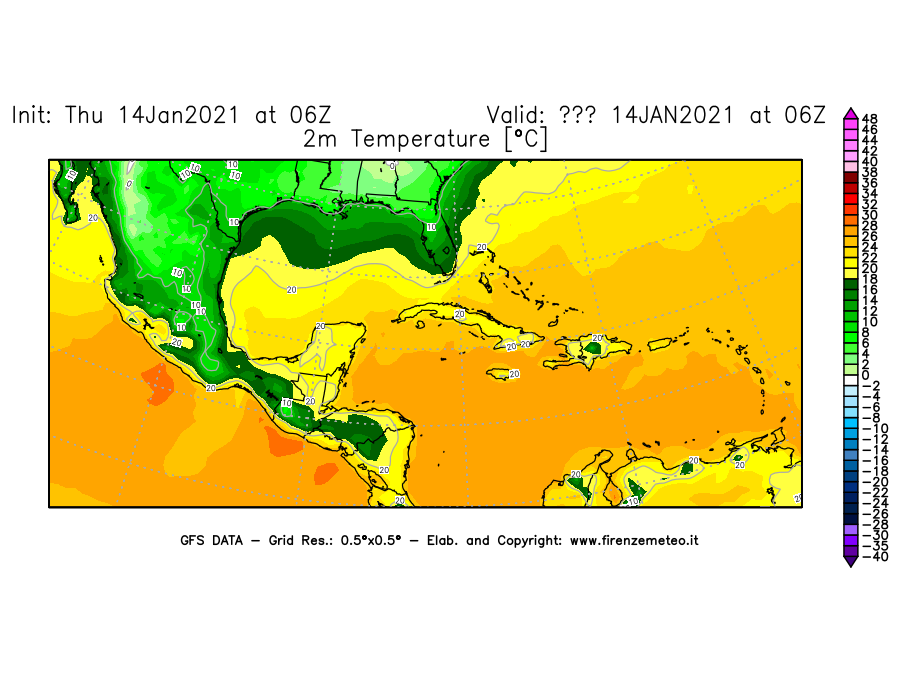 Mappa di analisi GFS - Temperatura a 2 metri dal suolo [°C] in Centro-America
									del 14/01/2021 06 <!--googleoff: index-->UTC<!--googleon: index-->