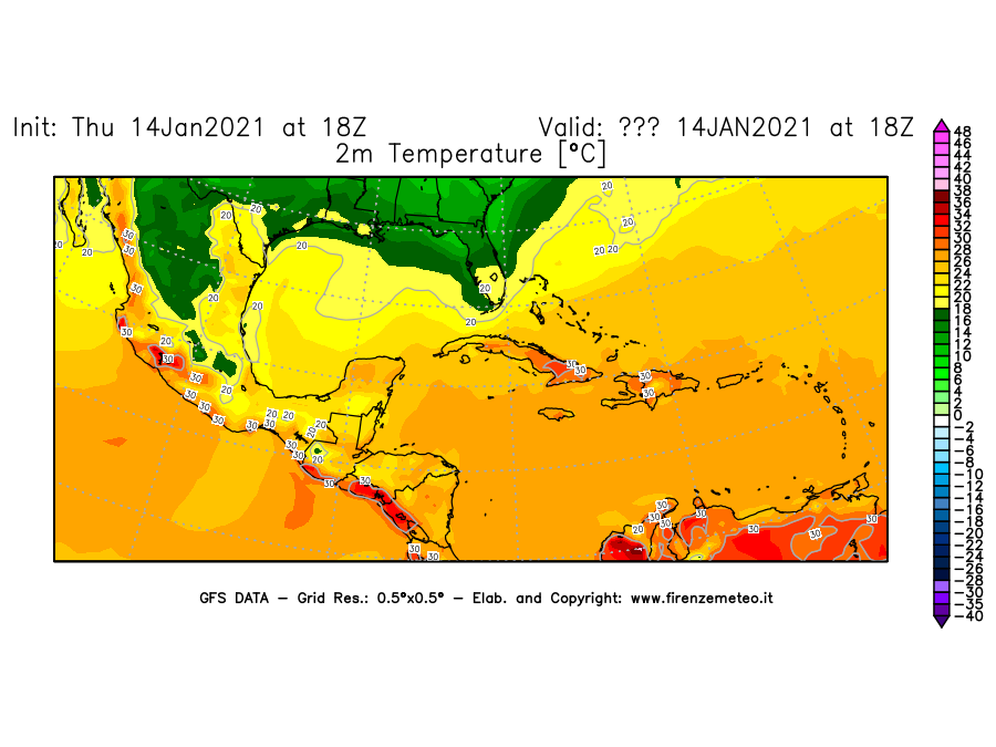 Mappa di analisi GFS - Temperatura a 2 metri dal suolo [°C] in Centro-America
									del 14/01/2021 18 <!--googleoff: index-->UTC<!--googleon: index-->