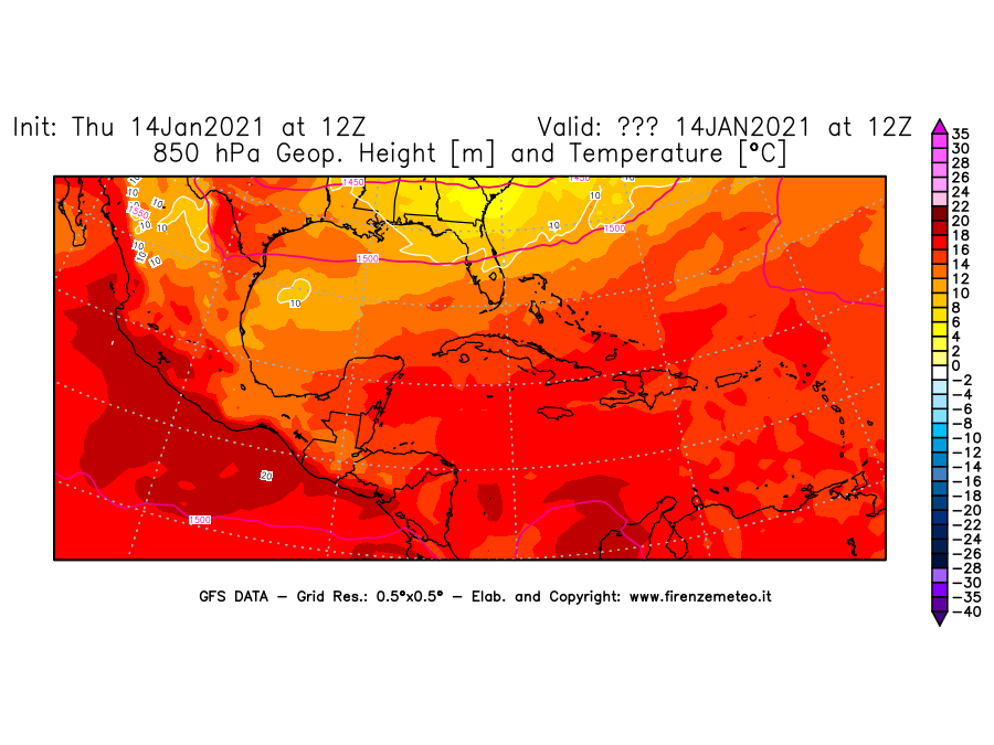 Mappa di analisi GFS - Geopotenziale [m] e Temperatura [°C] a 850 hPa in Centro-America
									del 14/01/2021 12 <!--googleoff: index-->UTC<!--googleon: index-->