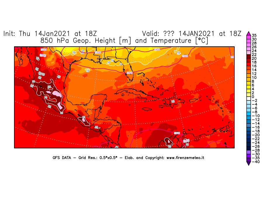 Mappa di analisi GFS - Geopotenziale [m] e Temperatura [°C] a 850 hPa in Centro-America
							del 14/01/2021 18 <!--googleoff: index-->UTC<!--googleon: index-->