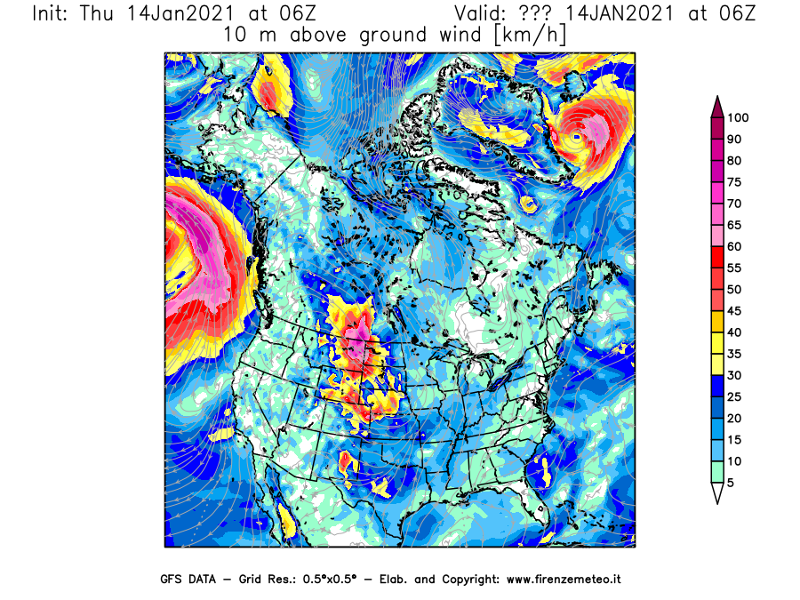 Mappa di analisi GFS - Velocità del vento a 10 metri dal suolo [km/h] in Nord-America
							del 14/01/2021 06 <!--googleoff: index-->UTC<!--googleon: index-->