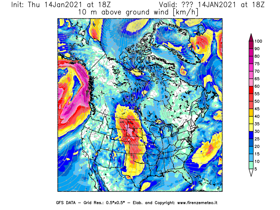 Mappa di analisi GFS - Velocità del vento a 10 metri dal suolo [km/h] in Nord-America
							del 14/01/2021 18 <!--googleoff: index-->UTC<!--googleon: index-->