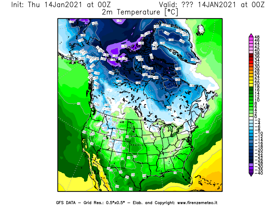 Mappa di analisi GFS - Temperatura a 2 metri dal suolo [°C] in Nord-America
							del 14/01/2021 00 <!--googleoff: index-->UTC<!--googleon: index-->