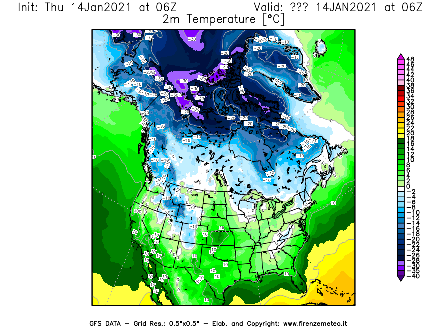 Mappa di analisi GFS - Temperatura a 2 metri dal suolo [°C] in Nord-America
							del 14/01/2021 06 <!--googleoff: index-->UTC<!--googleon: index-->