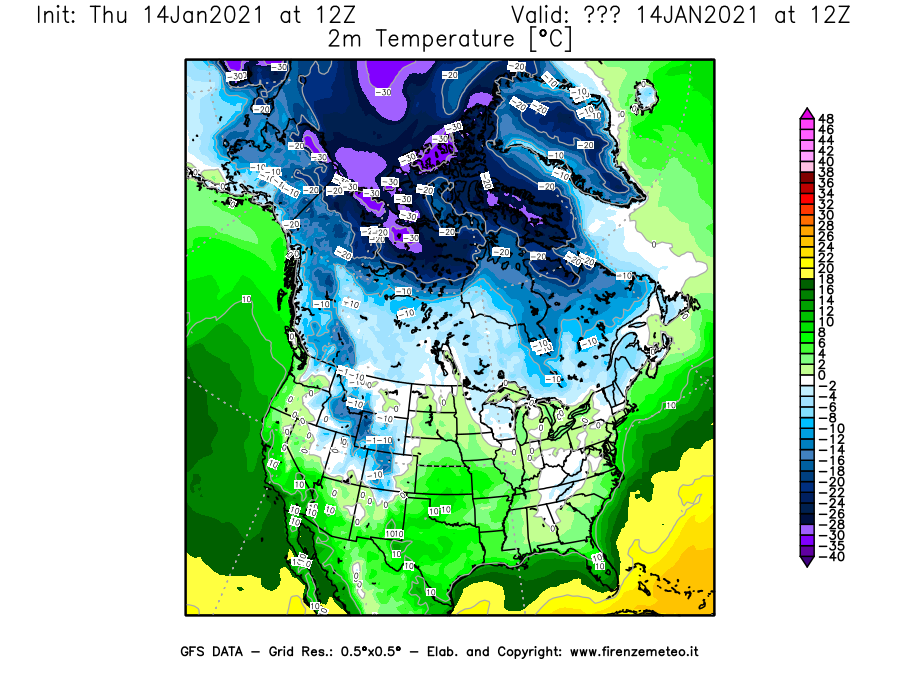 Mappa di analisi GFS - Temperatura a 2 metri dal suolo [°C] in Nord-America
							del 14/01/2021 12 <!--googleoff: index-->UTC<!--googleon: index-->