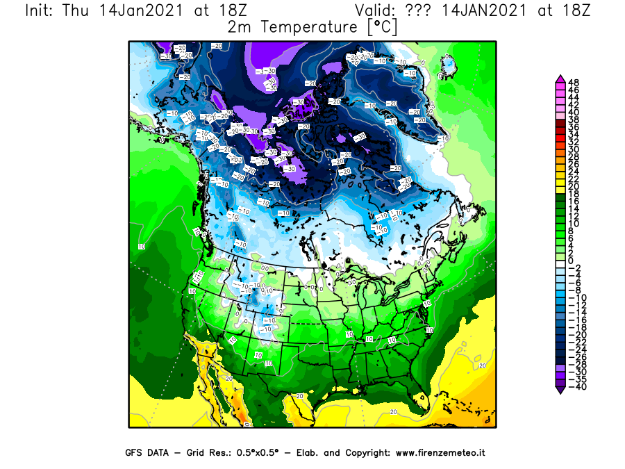 Mappa di analisi GFS - Temperatura a 2 metri dal suolo [°C] in Nord-America
							del 14/01/2021 18 <!--googleoff: index-->UTC<!--googleon: index-->