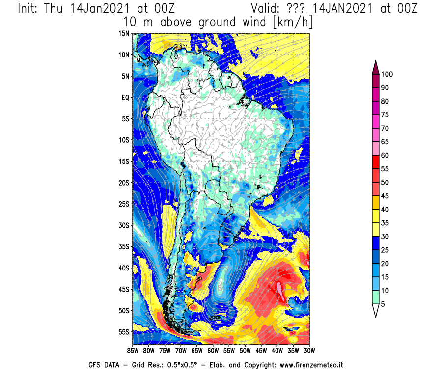 Mappa di analisi GFS - Velocità del vento a 10 metri dal suolo [km/h] in Sud-America
									del 14/01/2021 00 <!--googleoff: index-->UTC<!--googleon: index-->