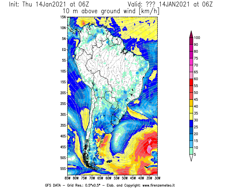 Mappa di analisi GFS - Velocità del vento a 10 metri dal suolo [km/h] in Sud-America
									del 14/01/2021 06 <!--googleoff: index-->UTC<!--googleon: index-->