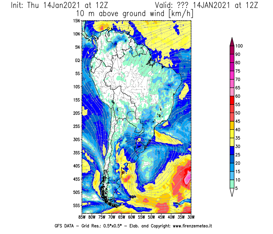Mappa di analisi GFS - Velocità del vento a 10 metri dal suolo [km/h] in Sud-America
									del 14/01/2021 12 <!--googleoff: index-->UTC<!--googleon: index-->