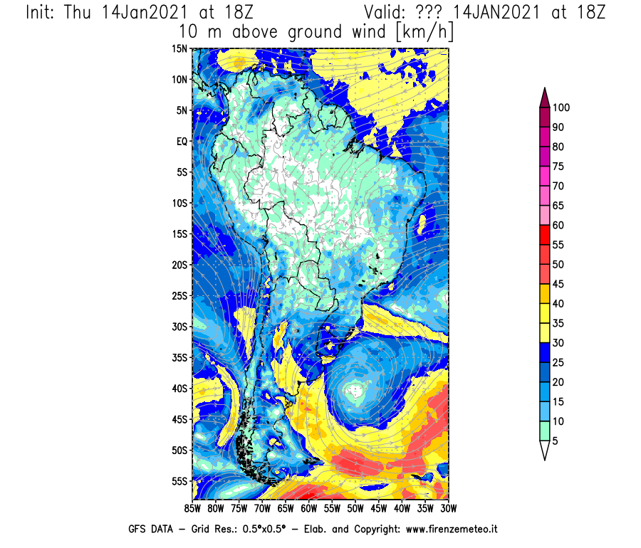 Mappa di analisi GFS - Velocità del vento a 10 metri dal suolo [km/h] in Sud-America
							del 14/01/2021 18 <!--googleoff: index-->UTC<!--googleon: index-->