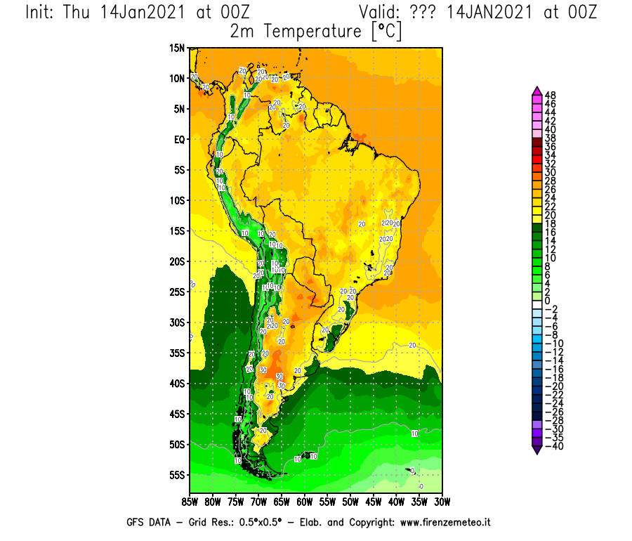 Mappa di analisi GFS - Temperatura a 2 metri dal suolo [°C] in Sud-America
									del 14/01/2021 00 <!--googleoff: index-->UTC<!--googleon: index-->