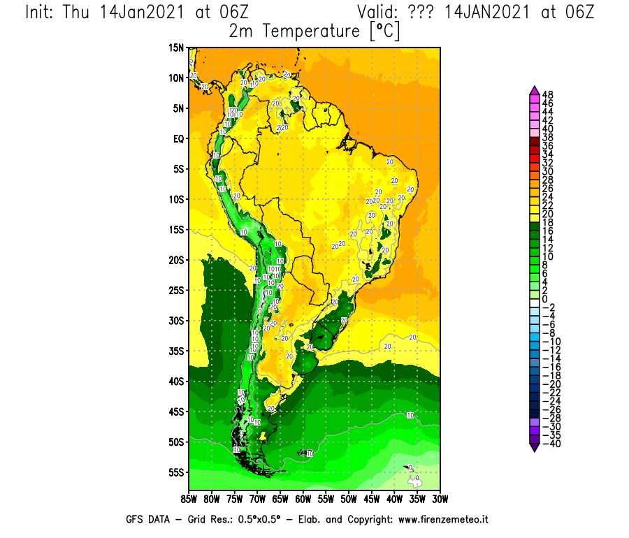 Mappa di analisi GFS - Temperatura a 2 metri dal suolo [°C] in Sud-America
									del 14/01/2021 06 <!--googleoff: index-->UTC<!--googleon: index-->
