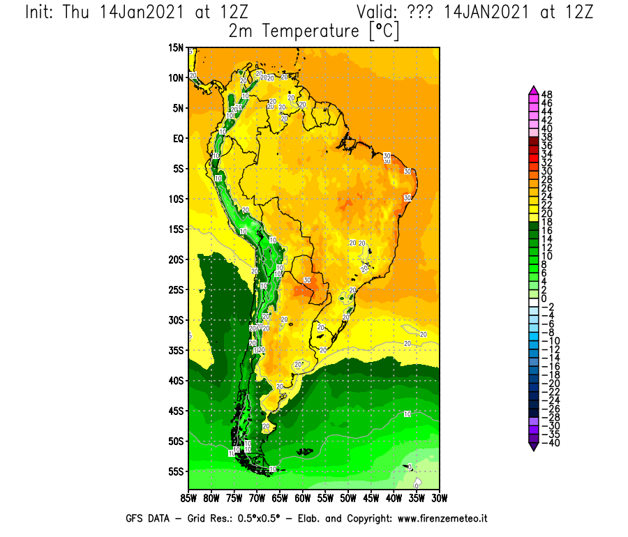 Mappa di analisi GFS - Temperatura a 2 metri dal suolo [°C] in Sud-America
									del 14/01/2021 12 <!--googleoff: index-->UTC<!--googleon: index-->