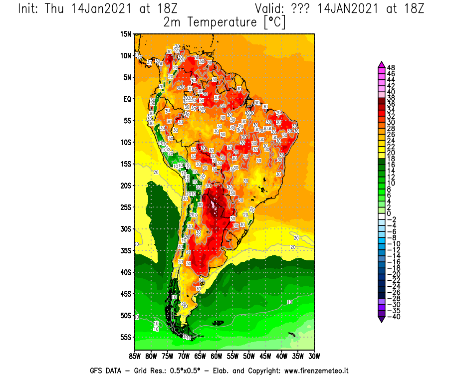 Mappa di analisi GFS - Temperatura a 2 metri dal suolo [°C] in Sud-America
							del 14/01/2021 18 <!--googleoff: index-->UTC<!--googleon: index-->