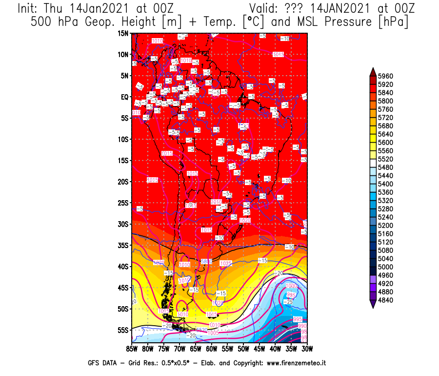 Mappa di analisi GFS - Geopotenziale [m] + Temp. [°C] a 500 hPa + Press. a livello del mare [hPa] in Sud-America
							del 14/01/2021 00 <!--googleoff: index-->UTC<!--googleon: index-->