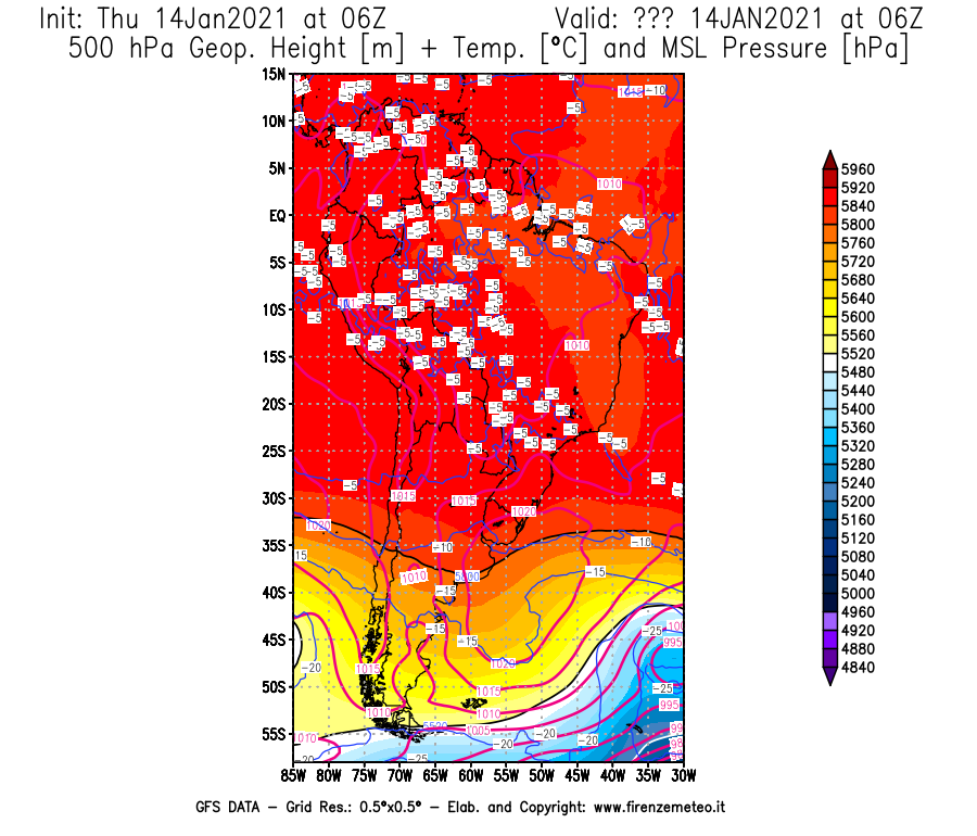 Mappa di analisi GFS - Geopotenziale [m] + Temp. [°C] a 500 hPa + Press. a livello del mare [hPa] in Sud-America
									del 14/01/2021 06 <!--googleoff: index-->UTC<!--googleon: index-->