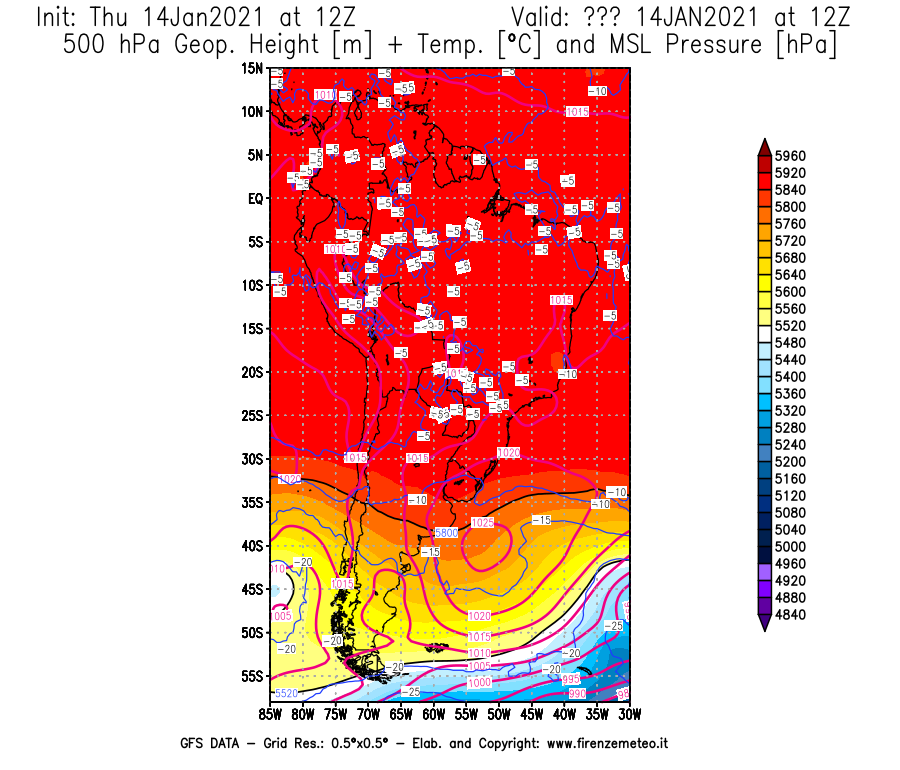 Mappa di analisi GFS - Geopotenziale [m] + Temp. [°C] a 500 hPa + Press. a livello del mare [hPa] in Sud-America
							del 14/01/2021 12 <!--googleoff: index-->UTC<!--googleon: index-->