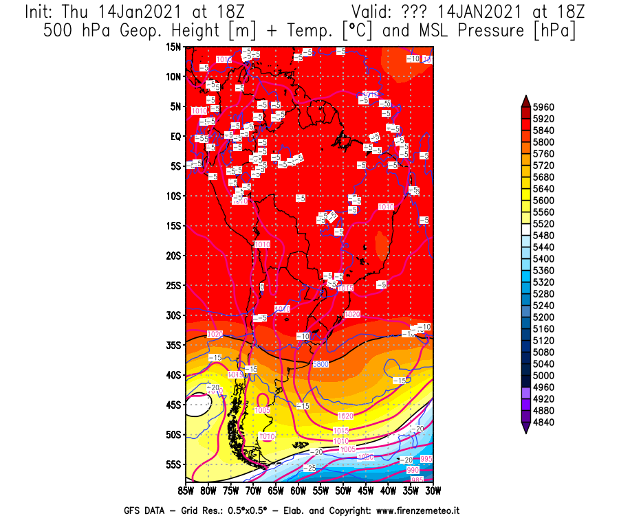 Mappa di analisi GFS - Geopotenziale [m] + Temp. [°C] a 500 hPa + Press. a livello del mare [hPa] in Sud-America
							del 14/01/2021 18 <!--googleoff: index-->UTC<!--googleon: index-->