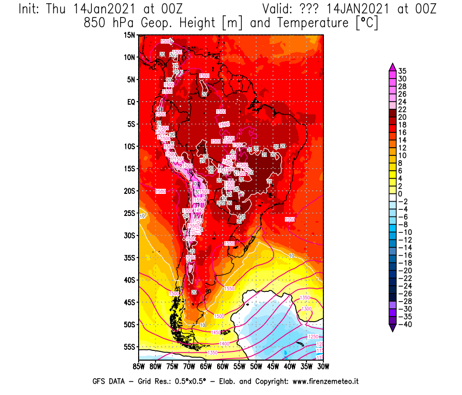 Mappa di analisi GFS - Geopotenziale [m] e Temperatura [°C] a 850 hPa in Sud-America
									del 14/01/2021 00 <!--googleoff: index-->UTC<!--googleon: index-->