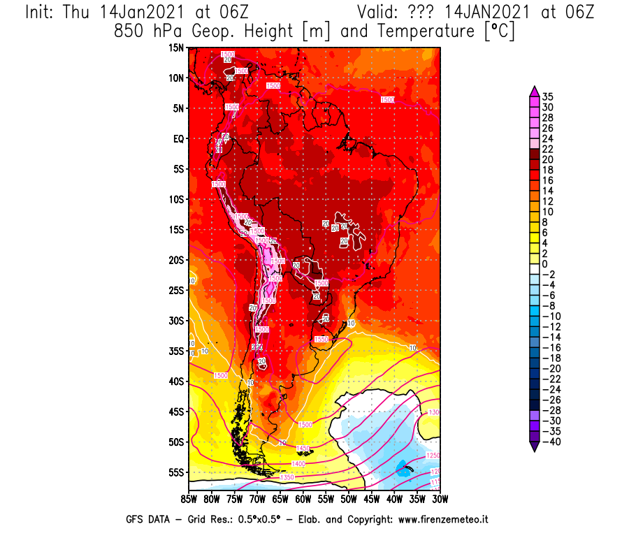 Mappa di analisi GFS - Geopotenziale [m] e Temperatura [°C] a 850 hPa in Sud-America
									del 14/01/2021 06 <!--googleoff: index-->UTC<!--googleon: index-->